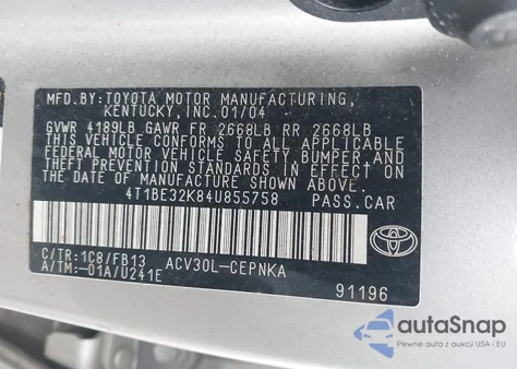2004 Toyota Camry Le from USA, damaged, VIN 4T1BE32K84U855758